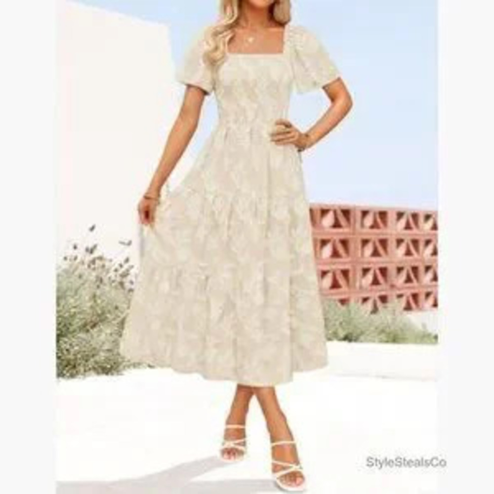 Summer Floral Midi Dress Short Sleeve Square Neck Boho Beach Vacation - Picture 4 of 5